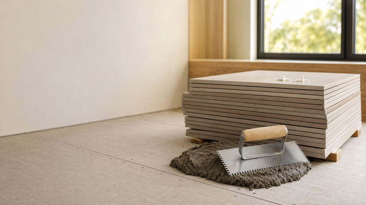 Stacks of large-format ceramic tile with spacers and a notched trowel